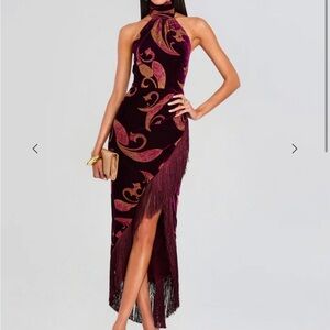 Retrofete Iridessa Velvet Burgundy Asymmetrical Halter Dress with Fringe